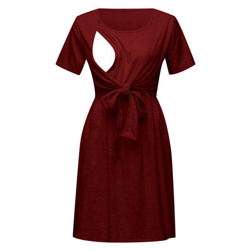 Womens Solid-Color Casual Loose Round-Neck Nursing Dress
