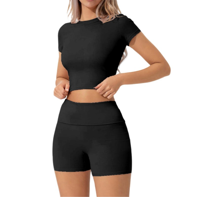 Womens Solid-Color Casual Crew-Neck Short-Sleeve Shorts Set