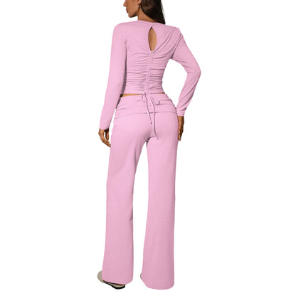 Womens Solid-Color Casual Fashion Top And Pants Set