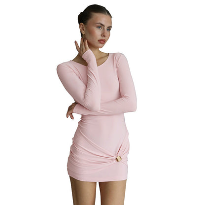 New Solid-color Slim-fit Crew-neck Waist-cinching Bandeau Mini Dress