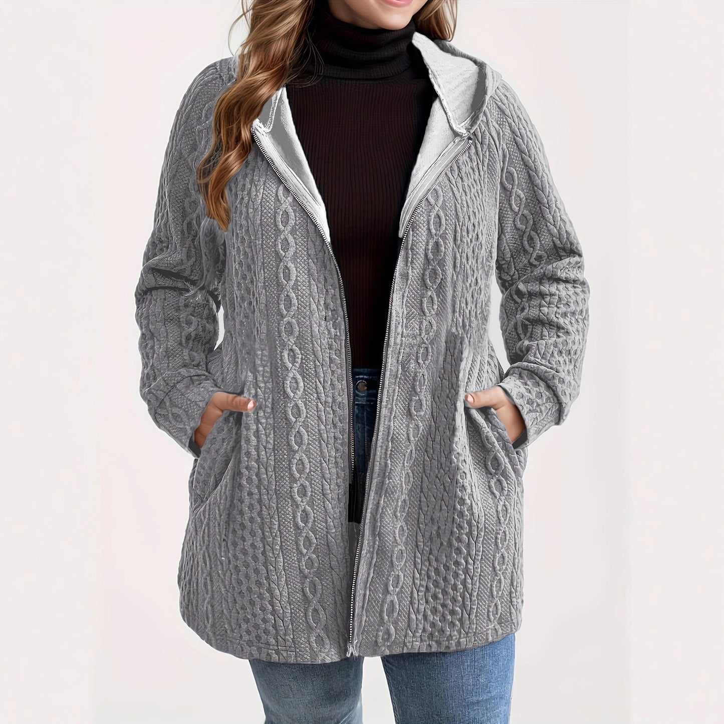 Women's Solid-Color Wavy-Pattern Patchwork Hooded Coat With Pockets