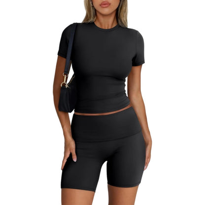 Womens Solid-Color Casual Crew-Neck Short-Sleeve Shorts Set