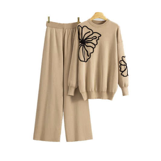 Long-sleeve Floral Sweater And Casual Wide-leg Pants Set