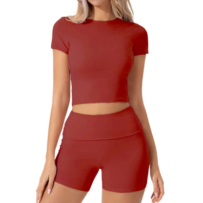 Womens Solid-Color Casual Crew-Neck Short-Sleeve Shorts Set