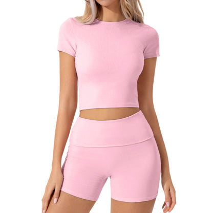 Womens Solid-Color Casual Crew-Neck Short-Sleeve Shorts Set