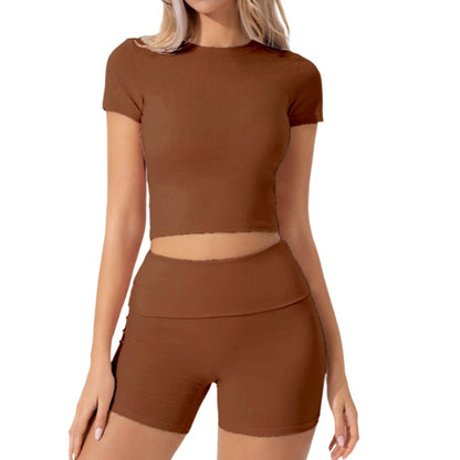 Womens Solid-Color Casual Crew-Neck Short-Sleeve Shorts Set