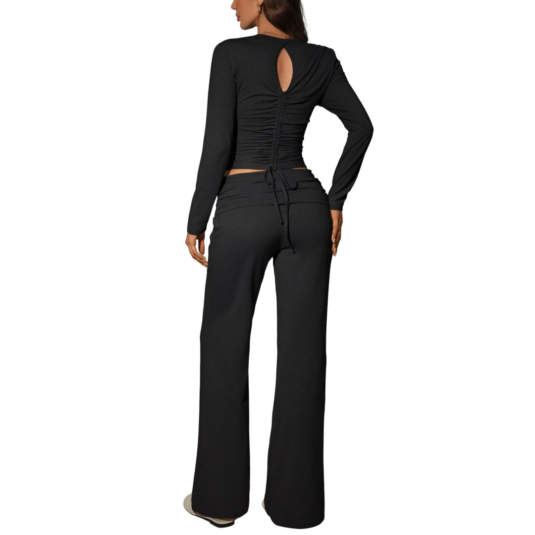 Womens Solid-Color Casual Fashion Top And Pants Set