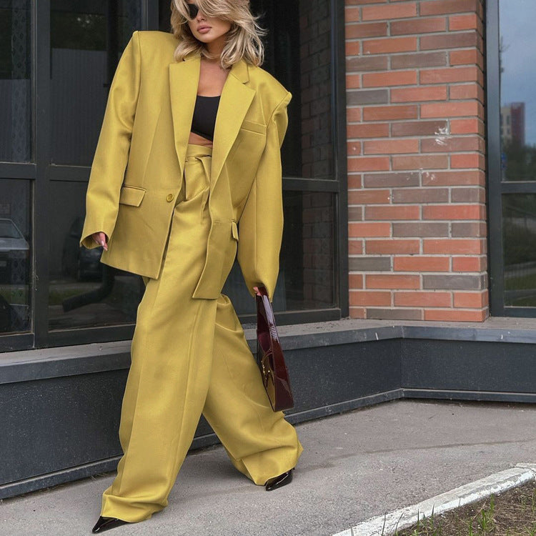 Long Sleeve Lapel Baggy Coat High Waist Wide Leg Pants Two-piece Set