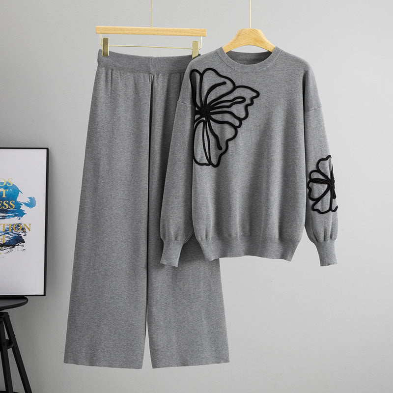 Long-sleeve Floral Sweater And Casual Wide-leg Pants Set