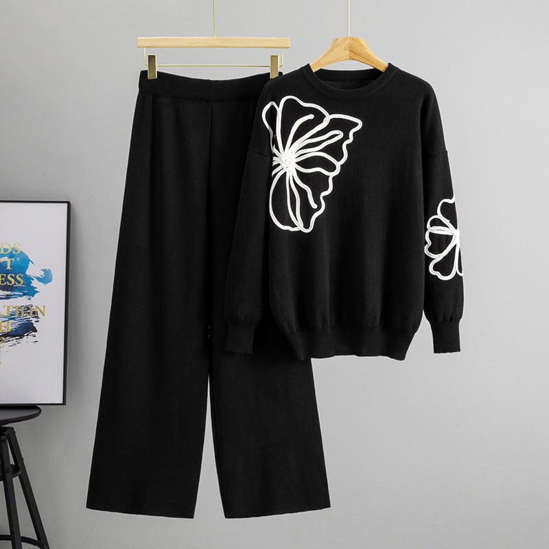 Long-sleeve Floral Sweater And Casual Wide-leg Pants Set