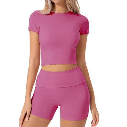 Womens Solid-Color Casual Crew-Neck Short-Sleeve Shorts Set
