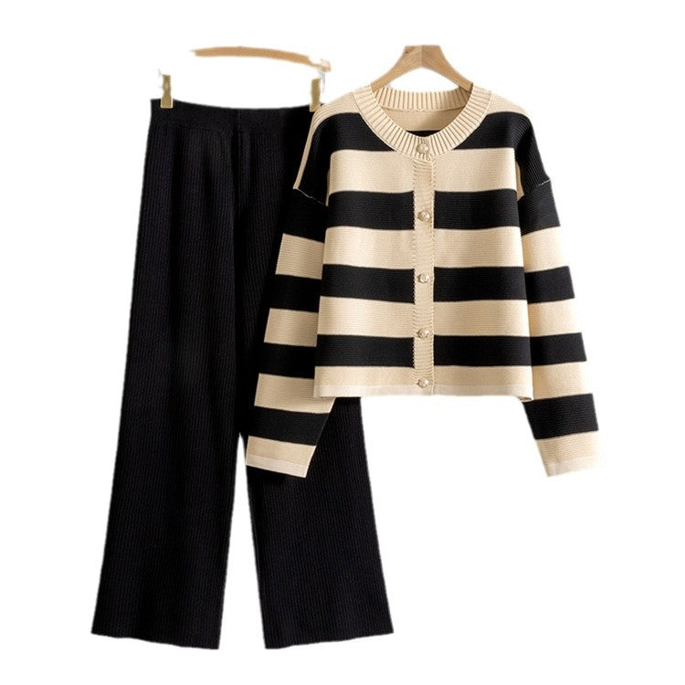 Stylish Eye-catching Short Striped Sweater Two-piece Set