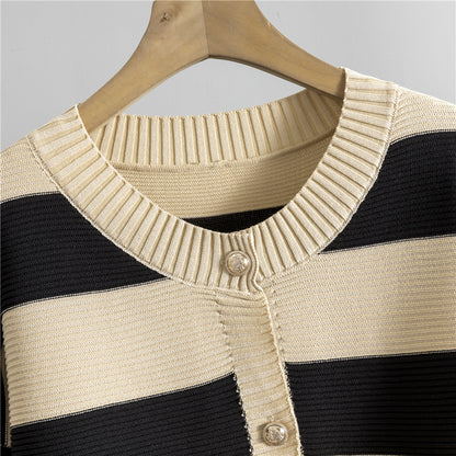 Stylish Eye-catching Short Striped Sweater Two-piece Set