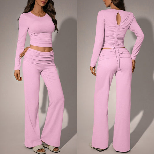 Womens Solid-Color Casual Fashion Top And Pants Set