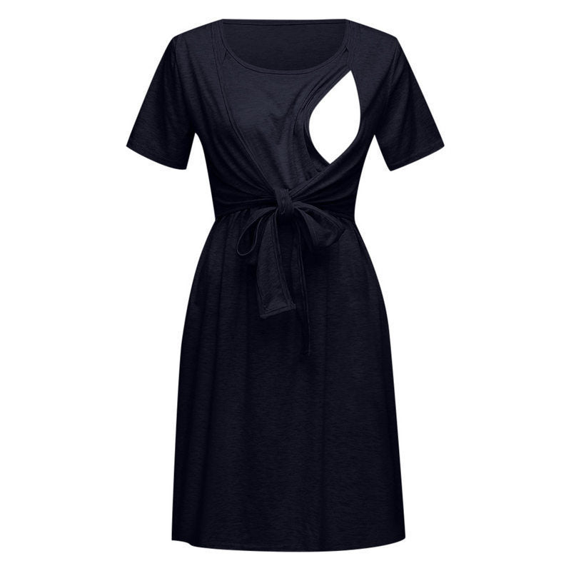 Womens Solid-Color Casual Loose Round-Neck Nursing Dress