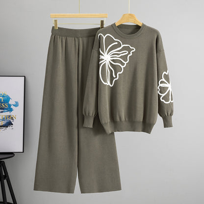 Long-sleeve Floral Sweater And Casual Wide-leg Pants Set